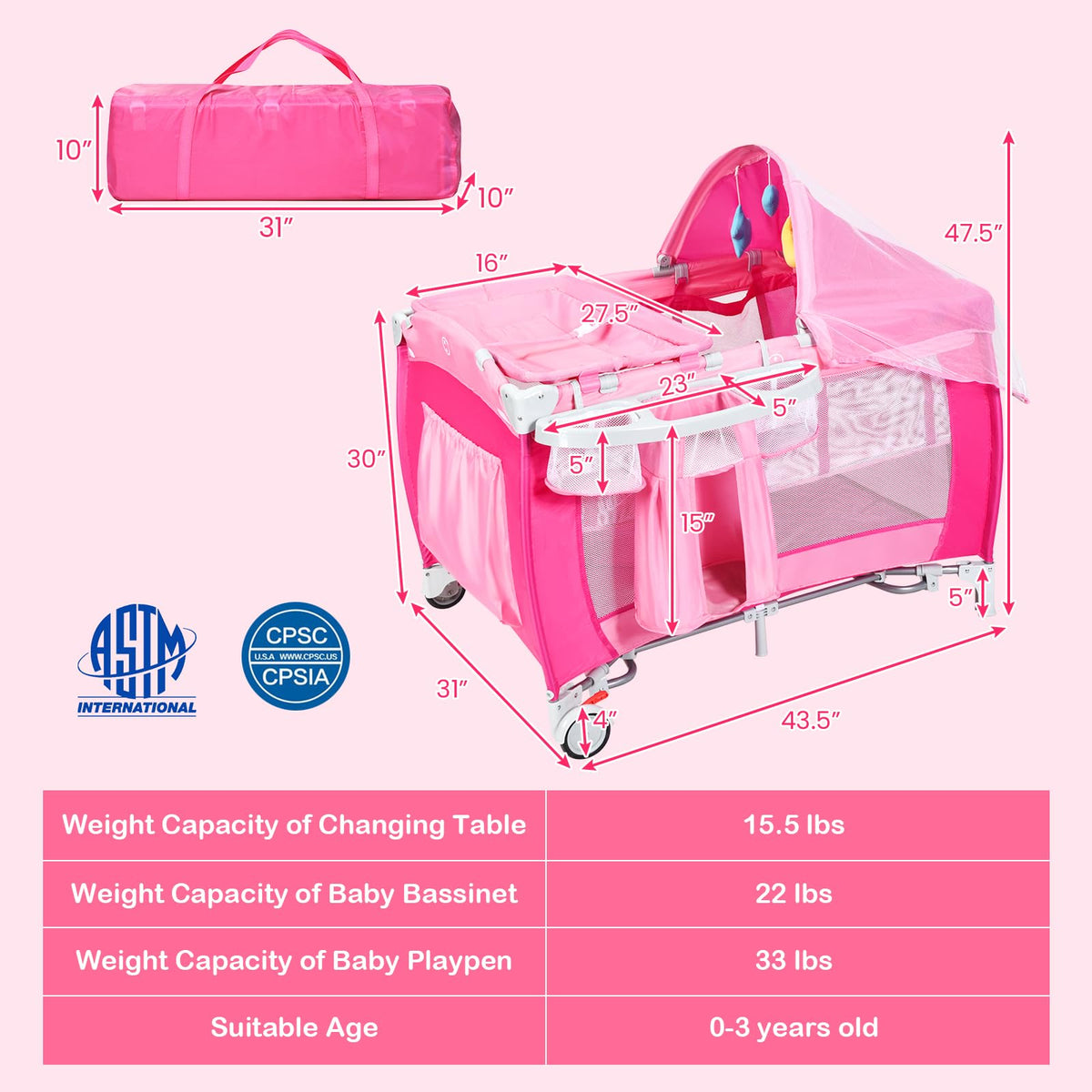 4 in 1 Pack and Play Portable Baby Bassinet Playpen with Diaper Changer Mattress Canopy Storage Rack Toy Bar Music Box Foldable Travel Playard Pink I40675