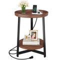 Round Industrial Side Table with Charging Station, 2-Tier Metal Frame W433