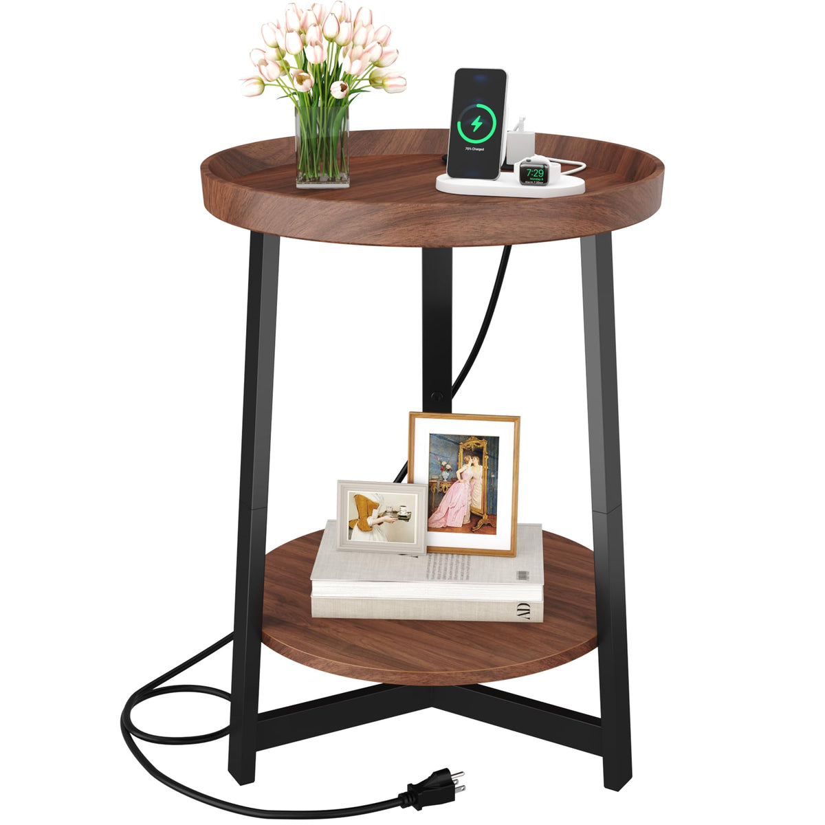 Round Industrial Side Table with Charging Station, 2-Tier Metal Frame W433