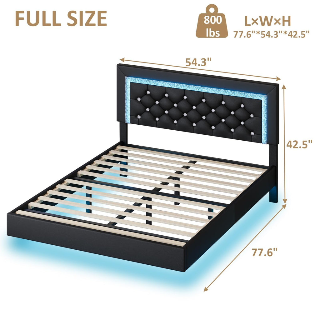 Black Full Floating Bed Frame with LED Lights and Tufted Headboard Z695395