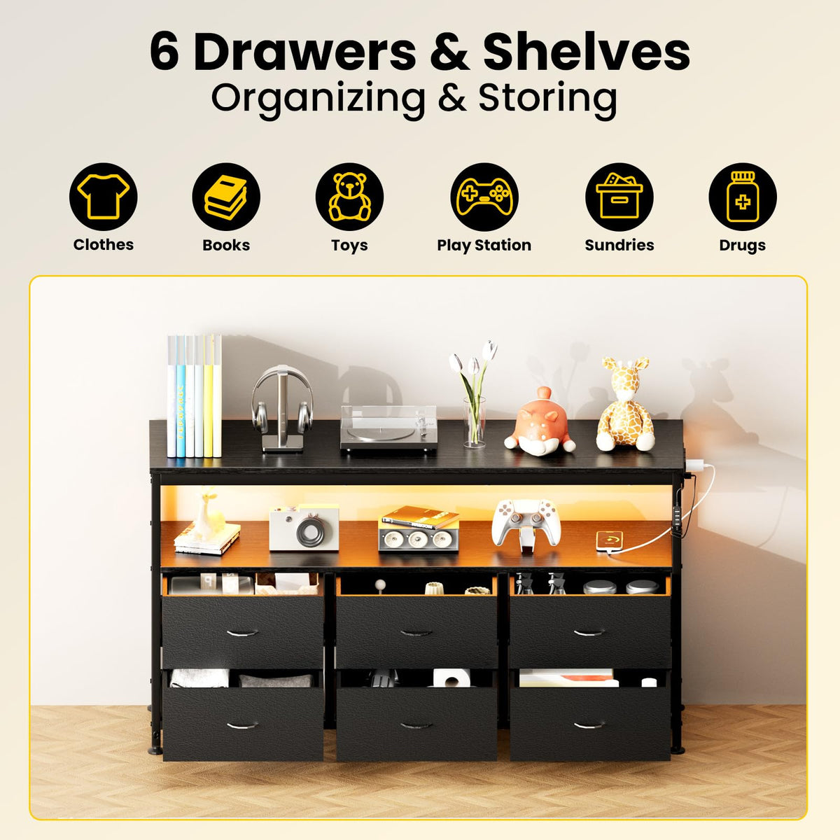 Black Dresser TV Stand with 6 Fabric Drawers Y412