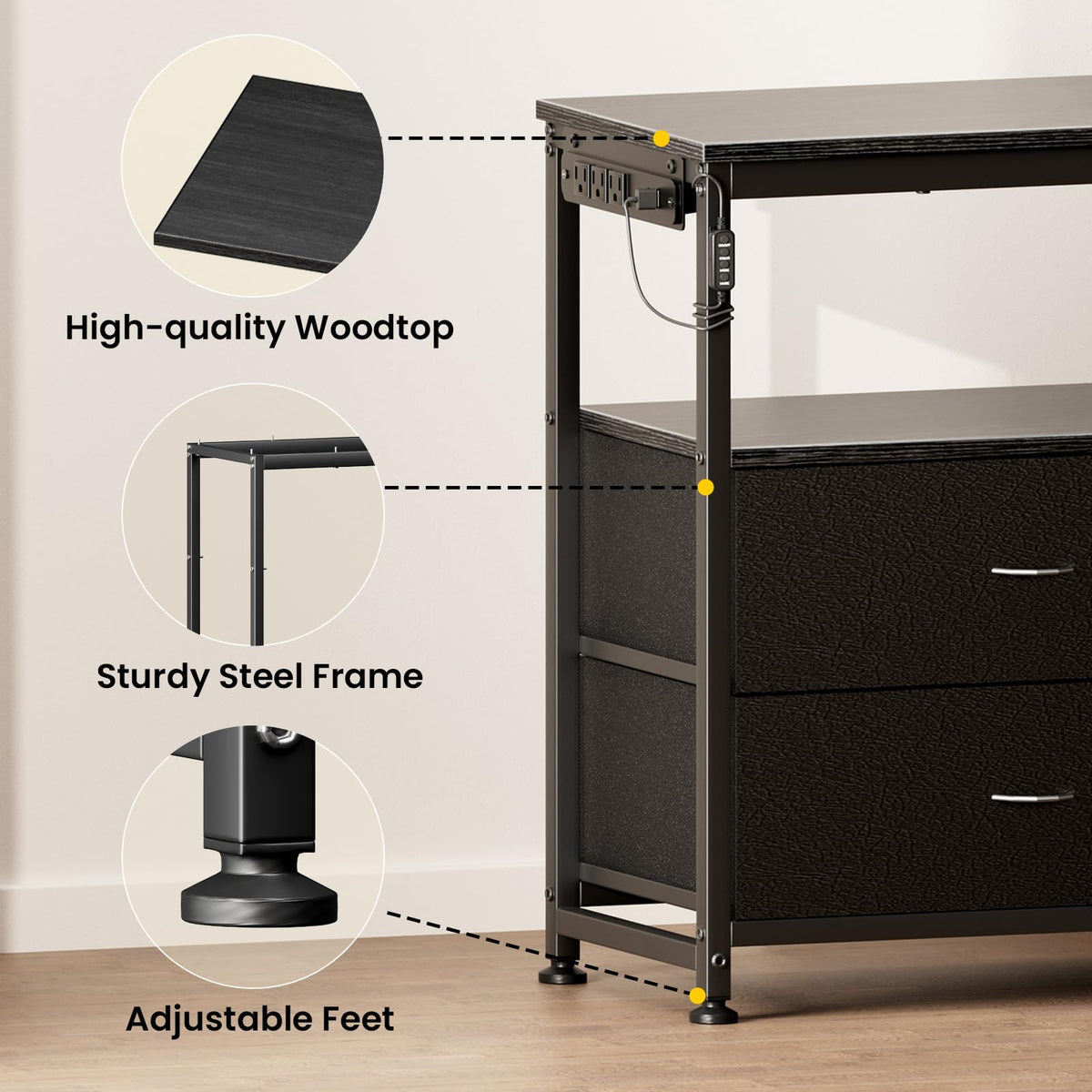 Black Dresser TV Stand with 6 Fabric Drawers Y412