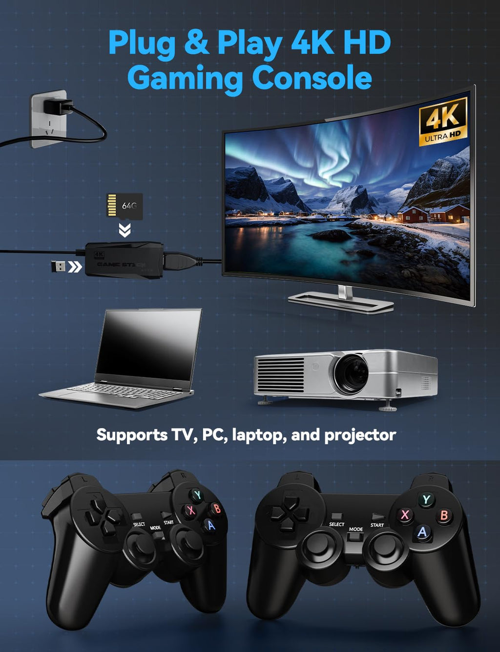 4K HDMI-Compatible Retro Gaming Console with 2.4G Wireless Controllers D2741