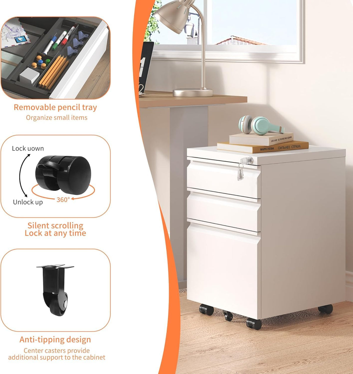 3 Drawer Locking File Cabinet Matte White Q2260