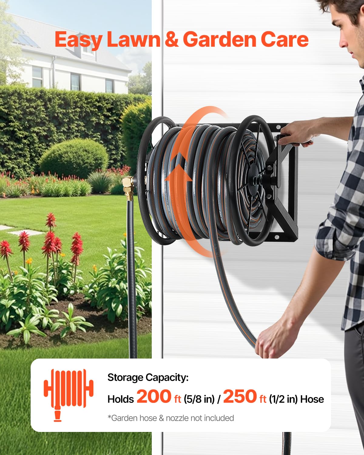 Wall Mounted Garden Hose Reel, Holds 200 ft 5/8-inch, Heavy-Duty Steel H8120