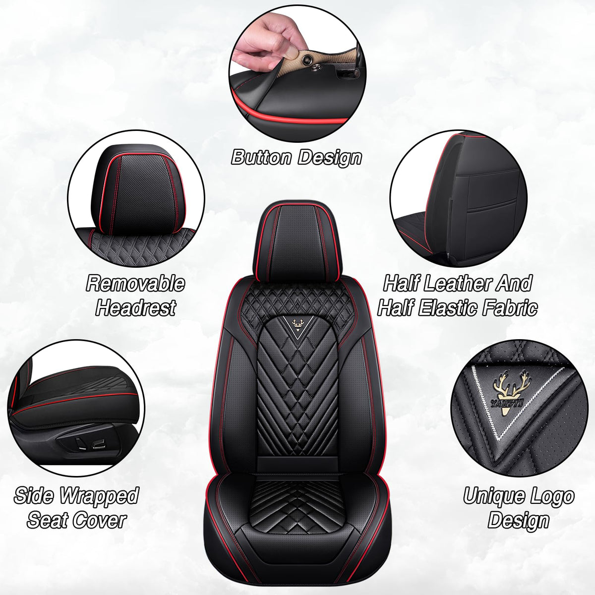 Black-Red Leather Car Seat Covers Full Set J849