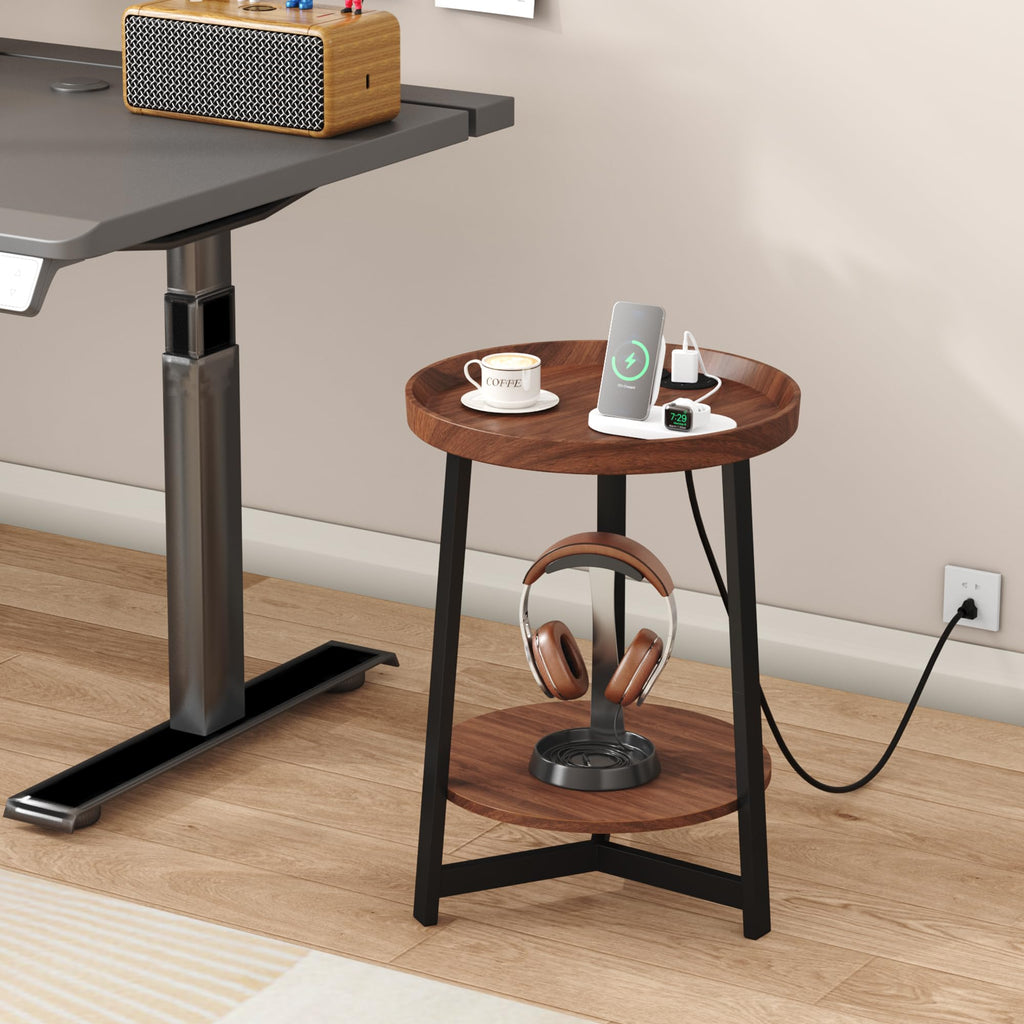 Round Industrial Side Table with Charging Station, 2-Tier Metal Frame W433