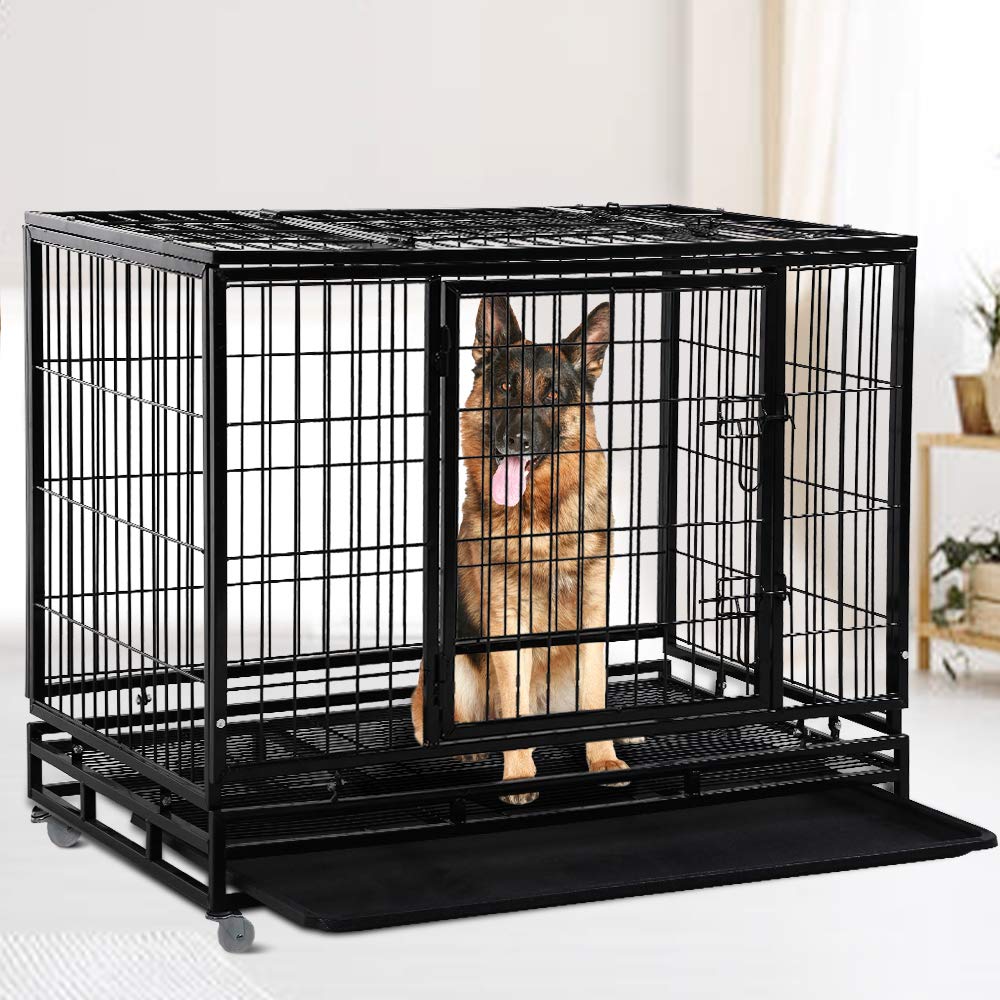 48" Heavy Duty Metal Dog Crate with Lockable Wheels, Double Door & Tray, Black Q354
