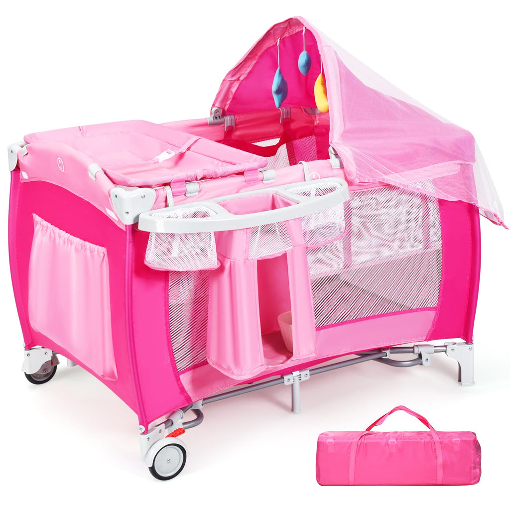 4 in 1 Pack and Play Portable Baby Bassinet Playpen with Diaper Changer Mattress Canopy Storage Rack Toy Bar Music Box Foldable Travel Playard Pink I40675