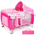4 in 1 Pack and Play Portable Baby Bassinet Playpen with Diaper Changer Mattress Canopy Storage Rack Toy Bar Music Box Foldable Travel Playard Pink I40675