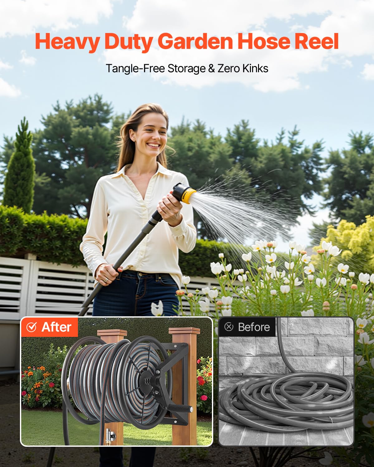 Wall Mounted Garden Hose Reel, Holds 200 ft 5/8-inch, Heavy-Duty Steel H8120