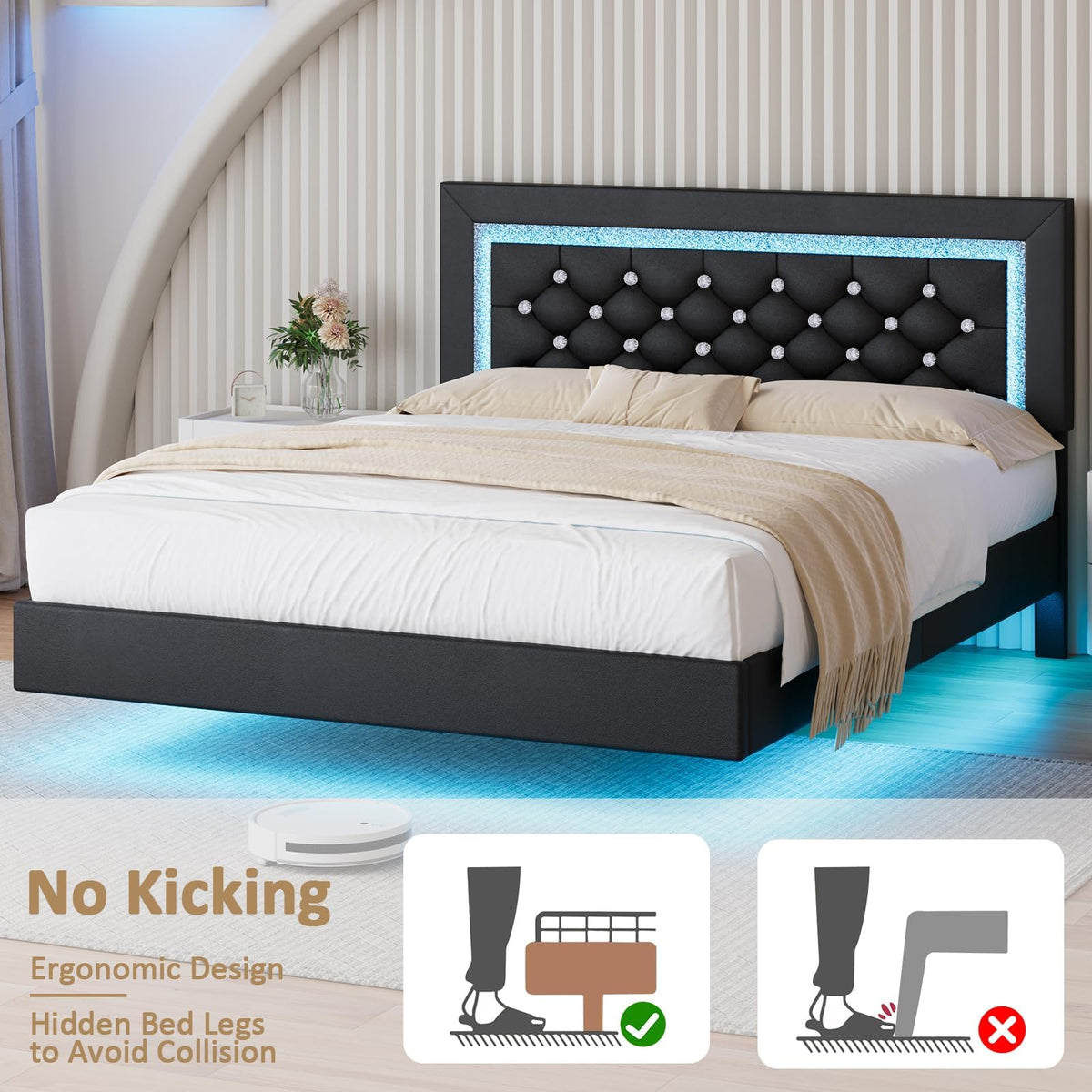 Black Full Floating Bed Frame with LED Lights and Tufted Headboard Z695395