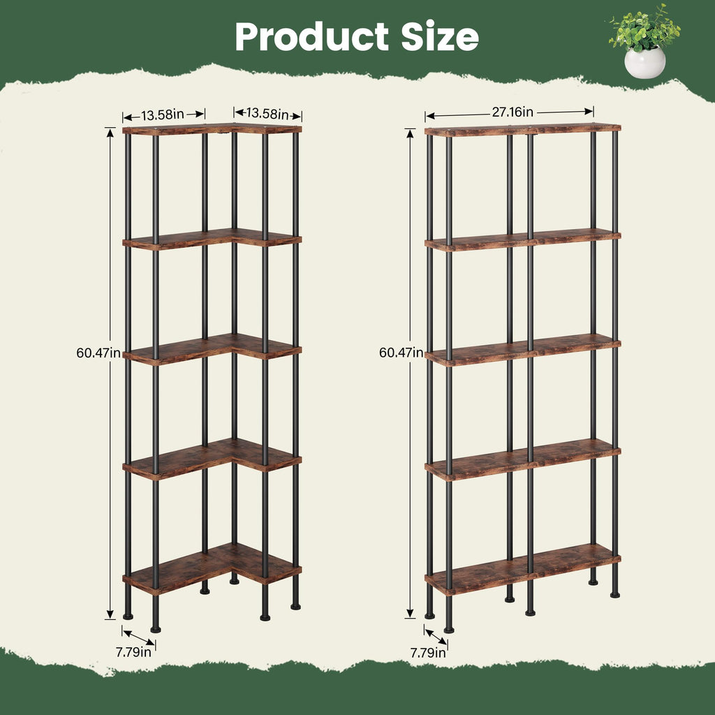 L-Shaped 5-Tier Rustic Brown Bookshelf S324