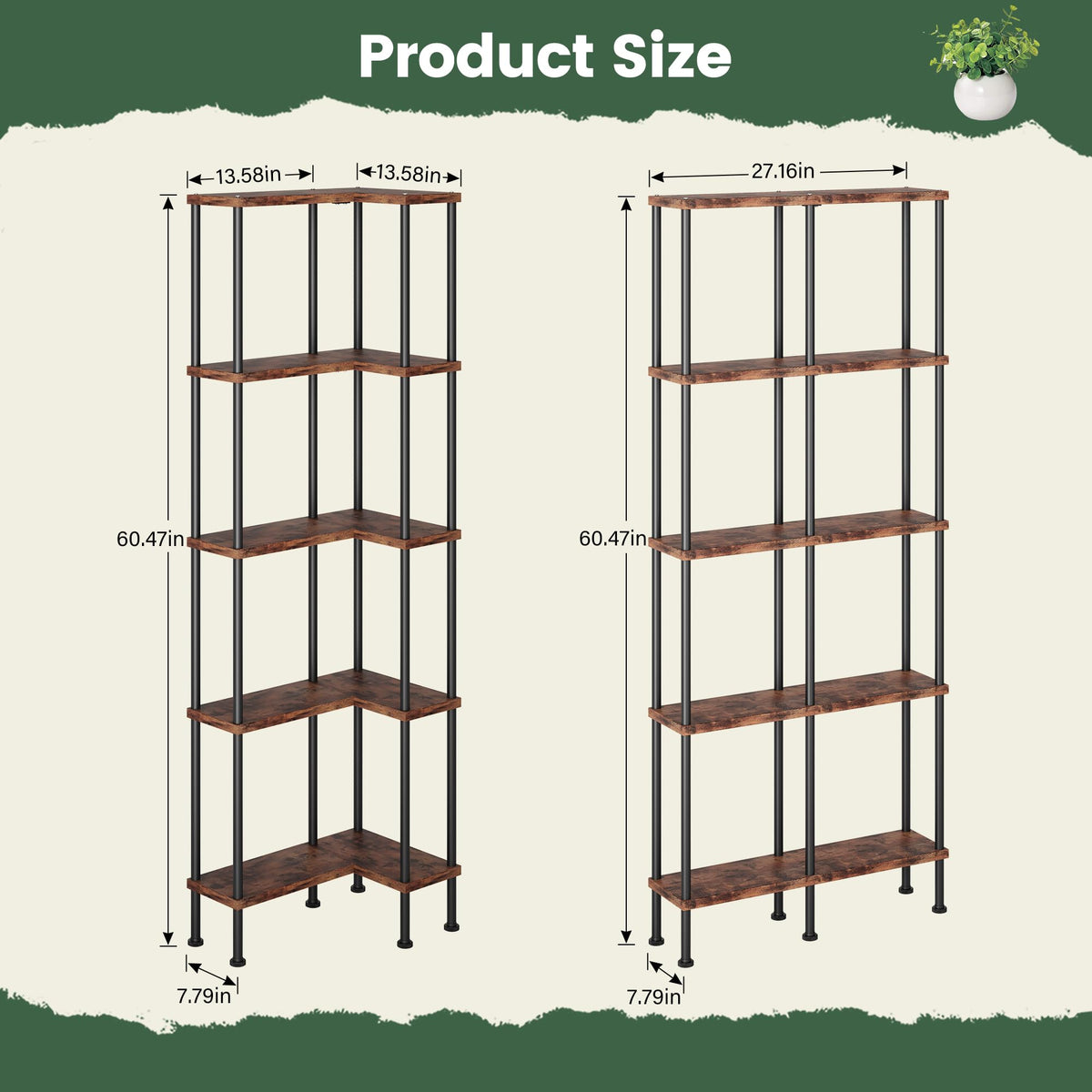 L-Shaped 5-Tier Rustic Brown Bookshelf S324