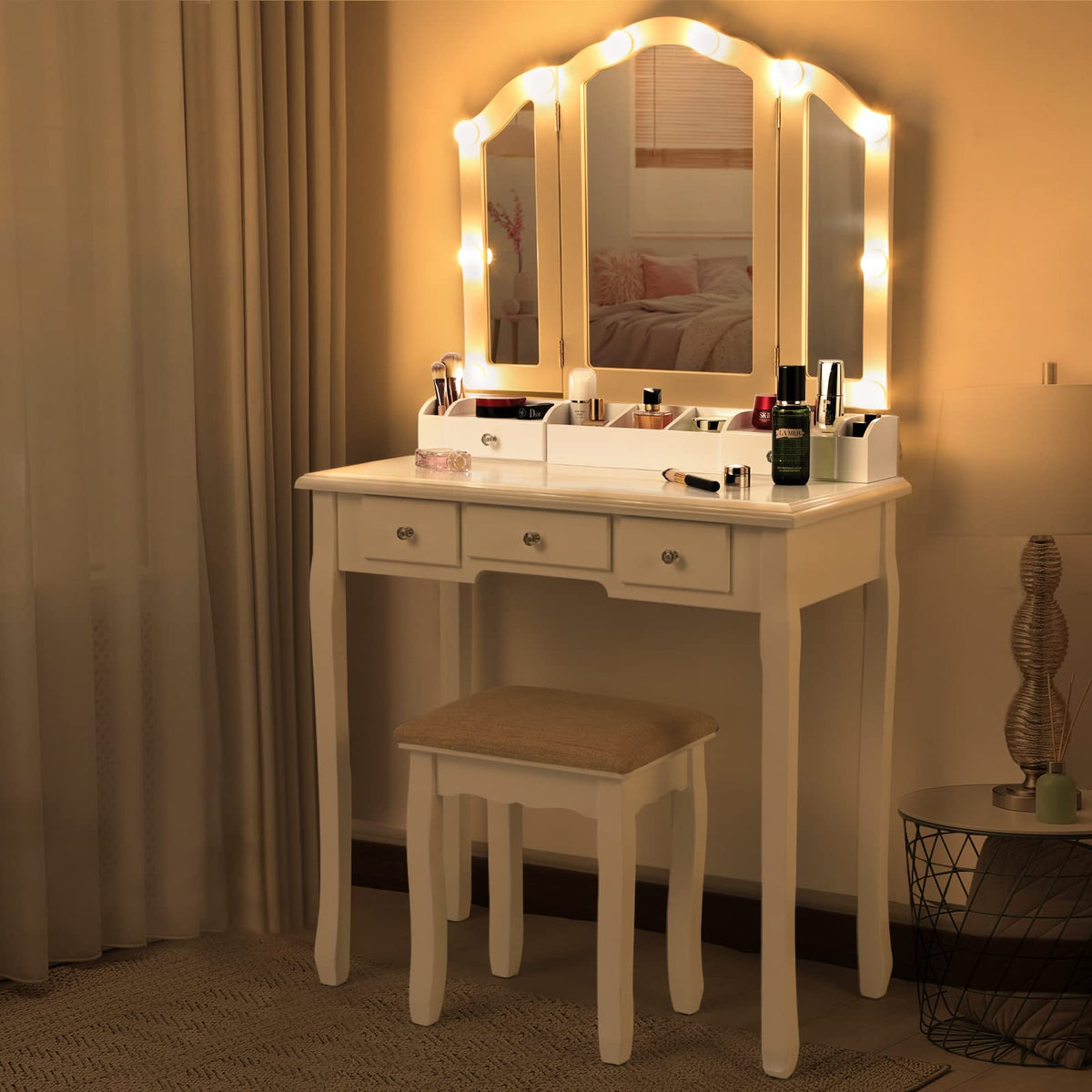 White Makeup Vanity Desk with Mirror and Chair P156