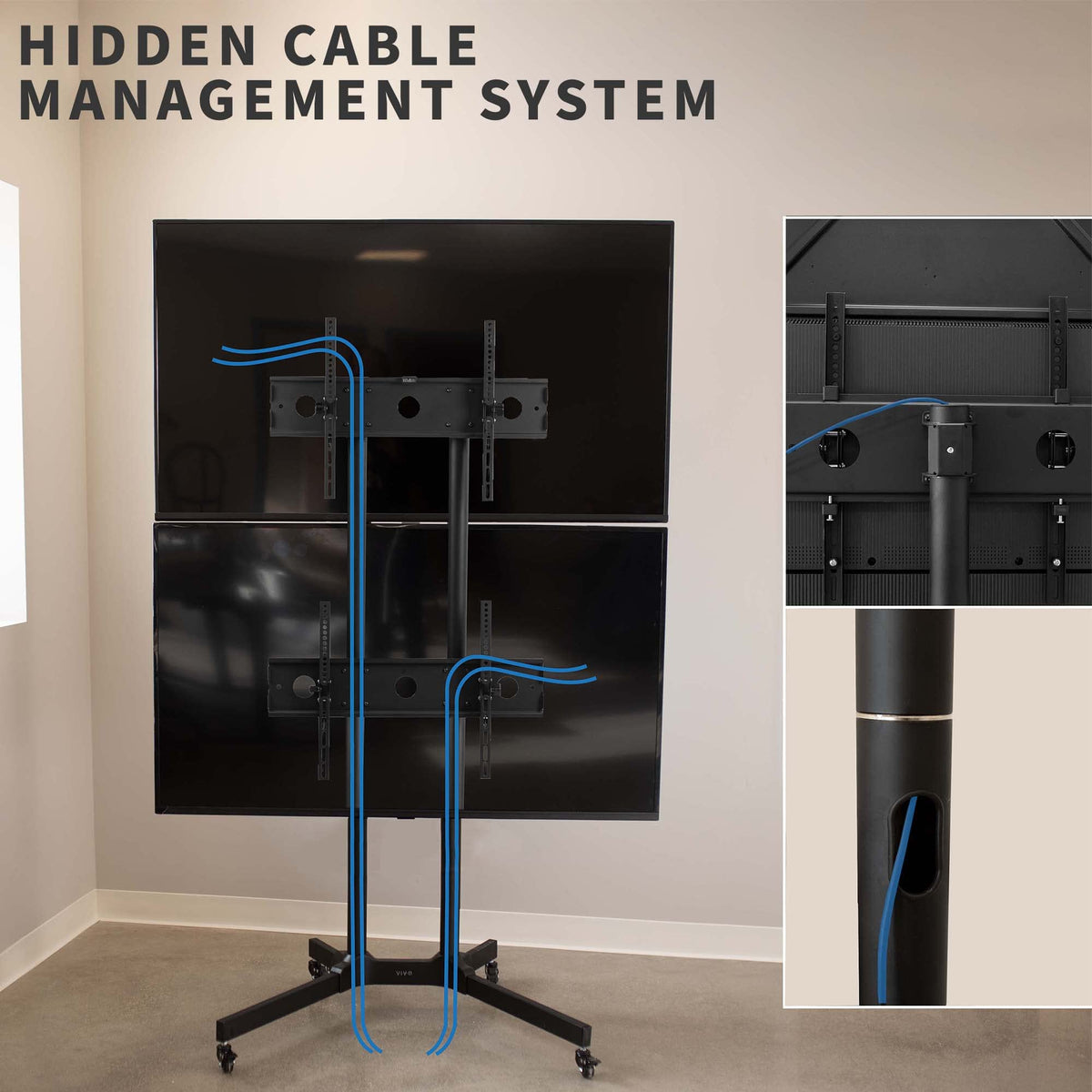 Mobile TV Cart for 32 to 65 inch Dual Screens, Rolling Stand with Locking Wheels, Black B515