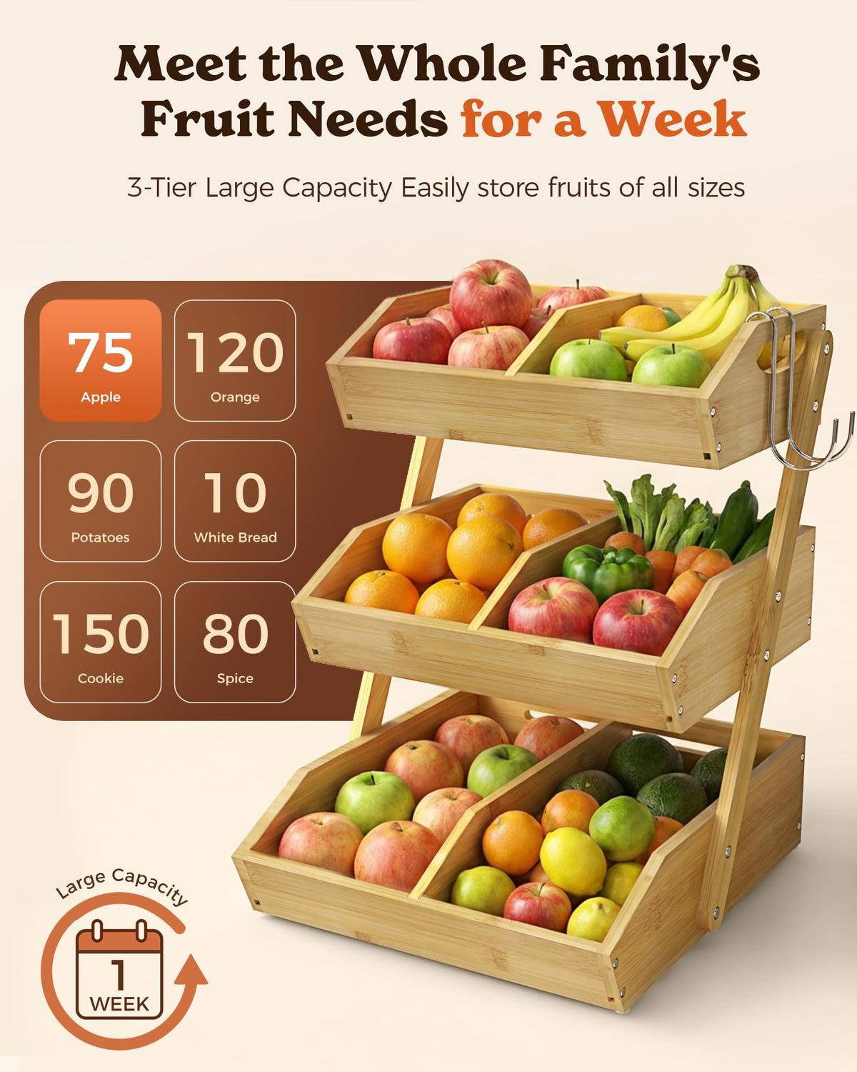 3-Tier Bamboo Fruit Basket with 2 Banana Holders W7349