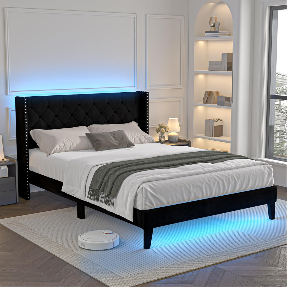 Black Velvet Upholstered Platform Bed Frame with Wingback Headboard Q34834