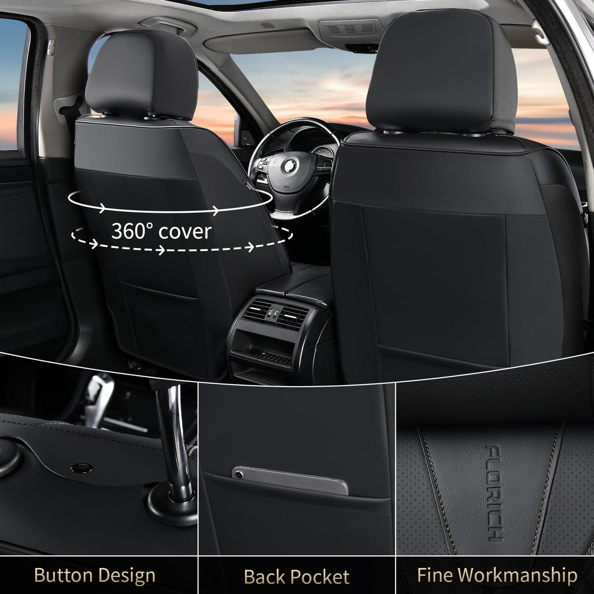 Black Leather Full Set Waterproof Car Seat Covers S1736