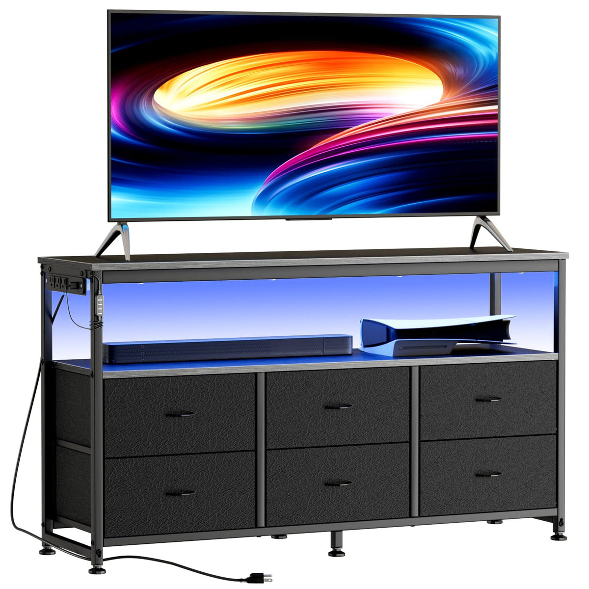Black Dresser TV Stand with 6 Fabric Drawers Y412