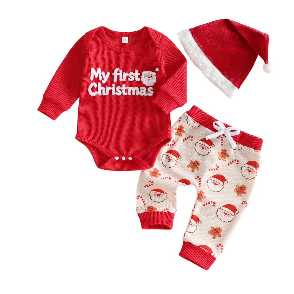 Newborn Baby Boy 3 Piece Waffle Long Sleeve Romper Pants Hat Set C154166