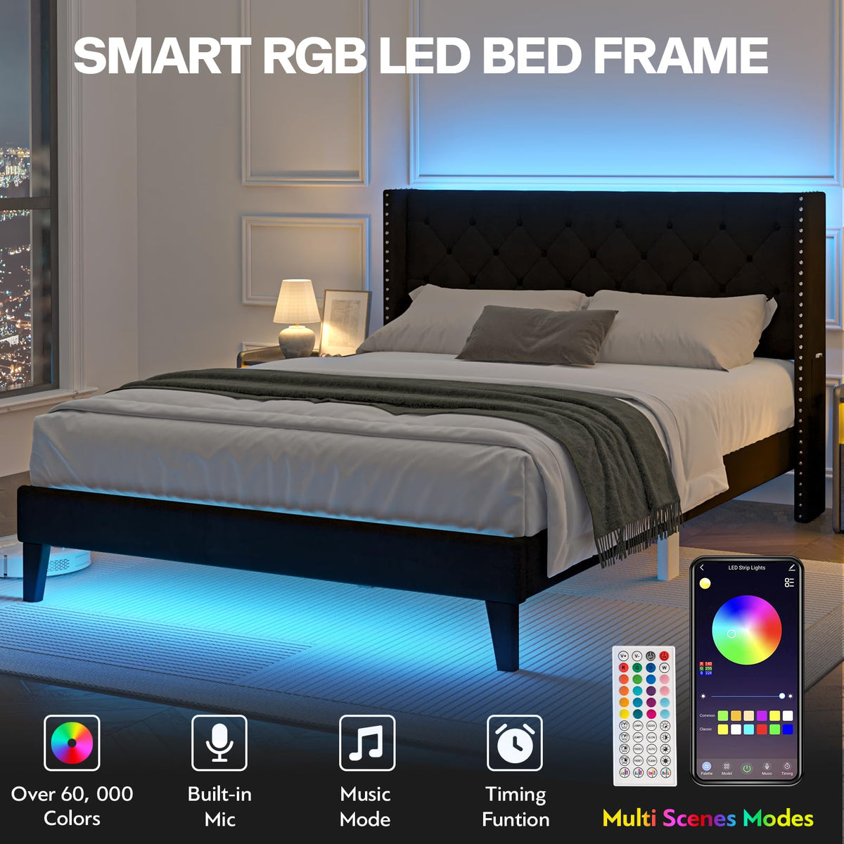Black Velvet Upholstered Platform Bed Frame with Wingback Headboard Q34834