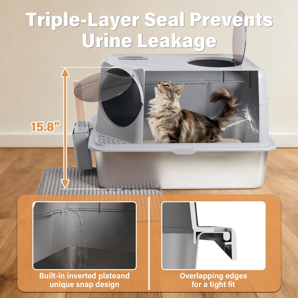 XL Stainless Steel Enclosed Cat Litter Box with Lid O623602