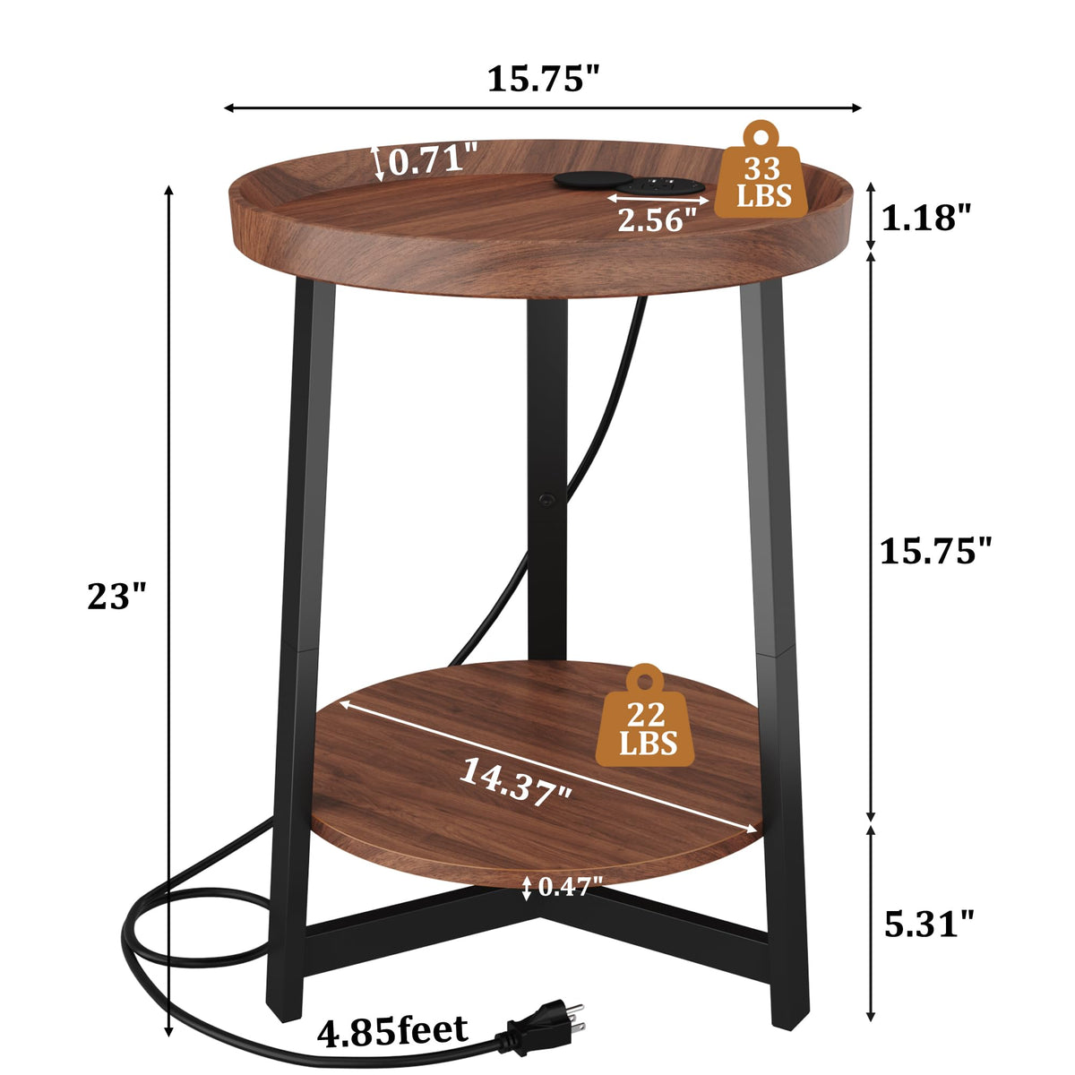 Round Industrial Side Table with Charging Station, 2-Tier Metal Frame W433