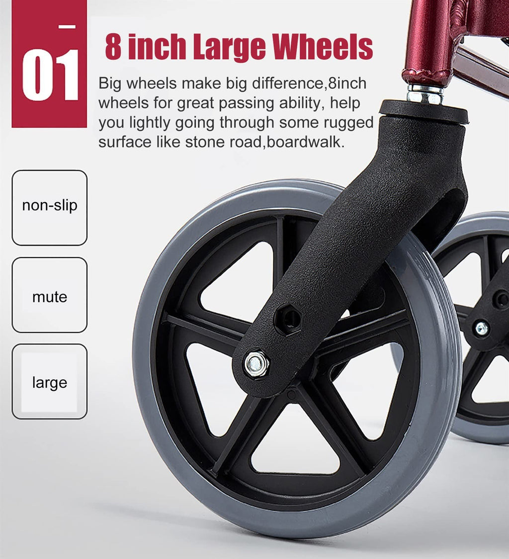 Foldable Rollator Walker with Leather Seat, 8inch Wheels, Brakes and Footrest X3571