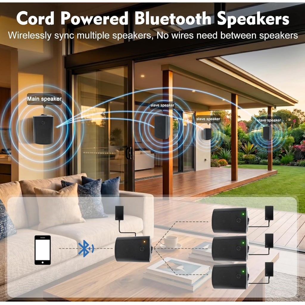 5.25" 300W Bluetooth Outdoor Speakers IPX5 Waterproof Black 2-Pack L605