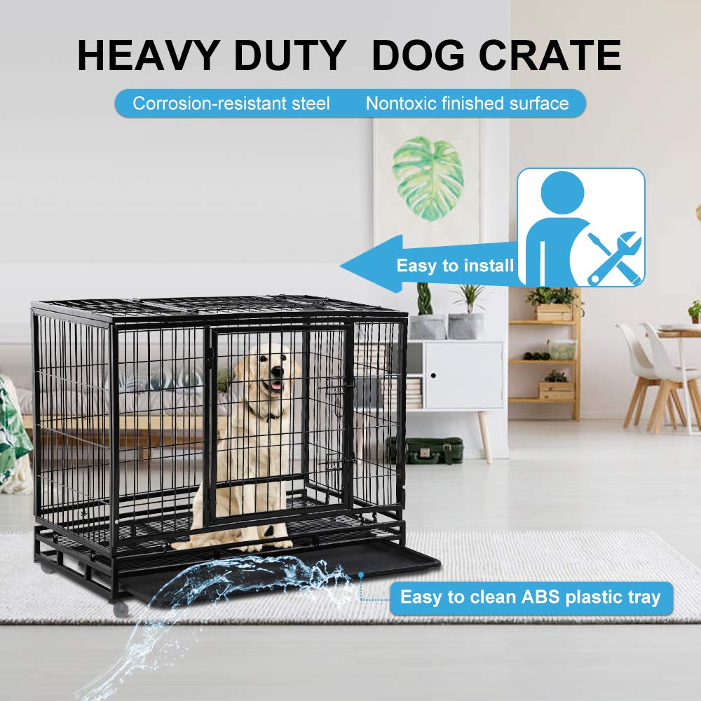 48" Heavy Duty Metal Dog Crate with Lockable Wheels, Double Door & Tray, Black Q354