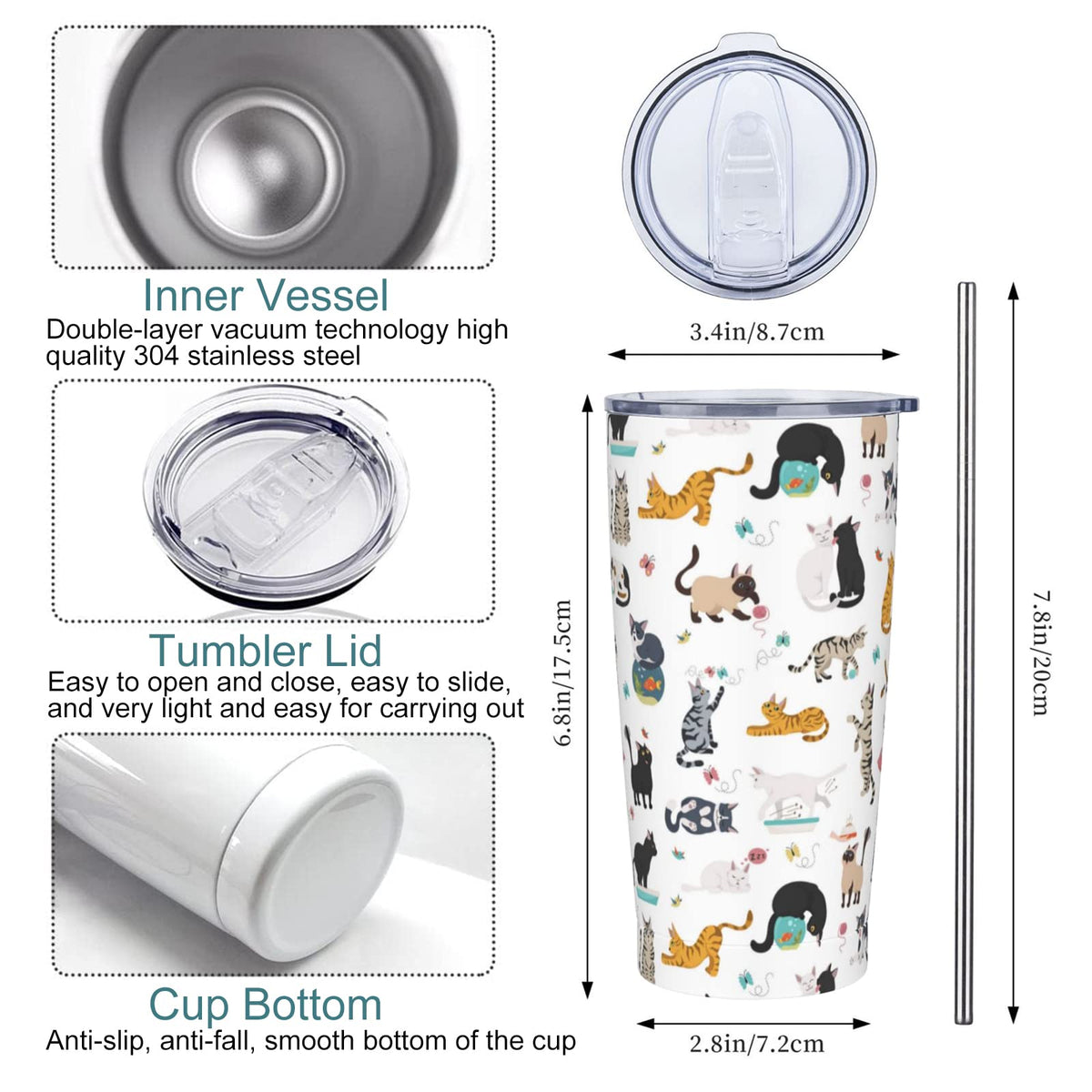 20 Oz Stainless Steel Insulated Cat Tumbler with Lid and Straw S6154