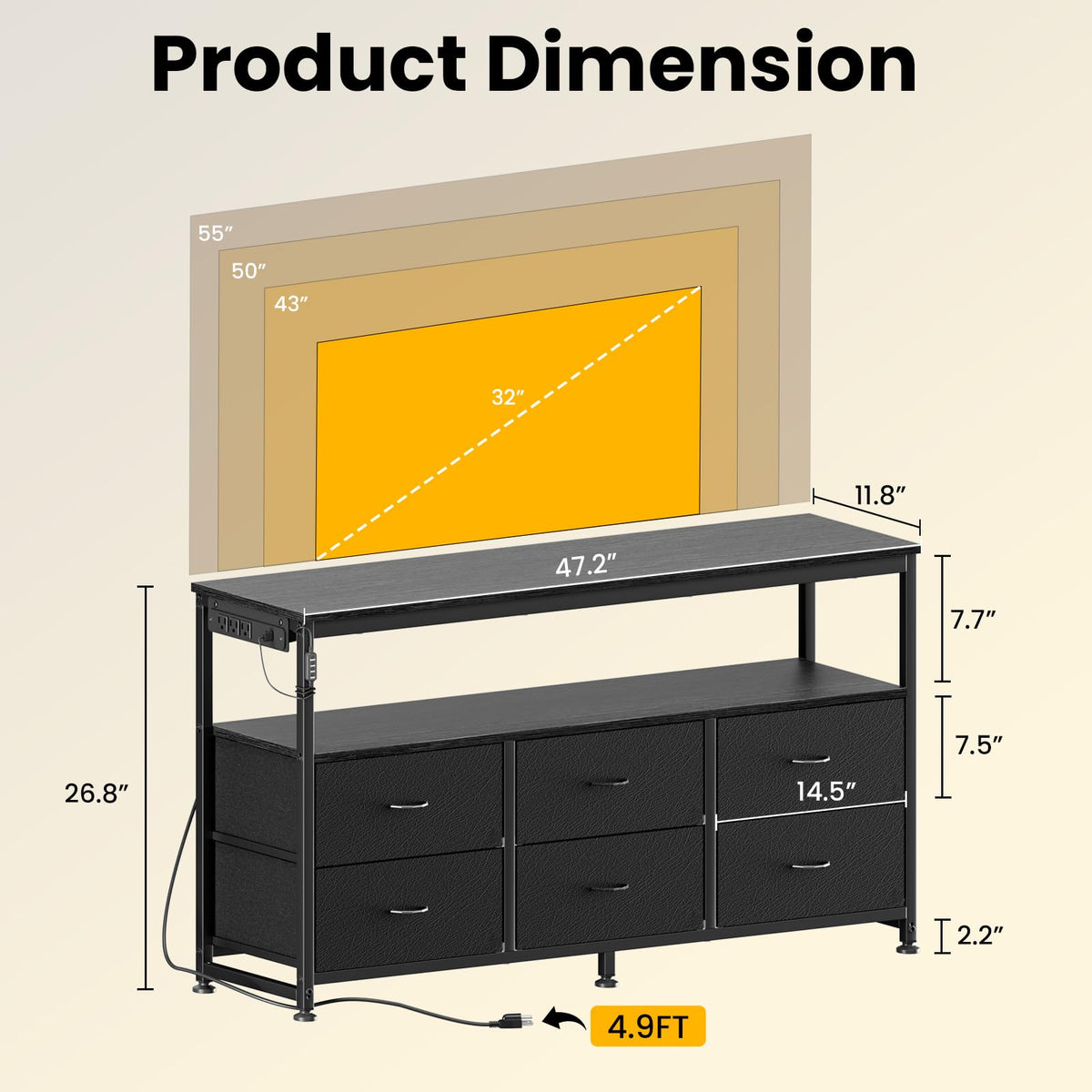 Black Dresser TV Stand with 6 Fabric Drawers Y412