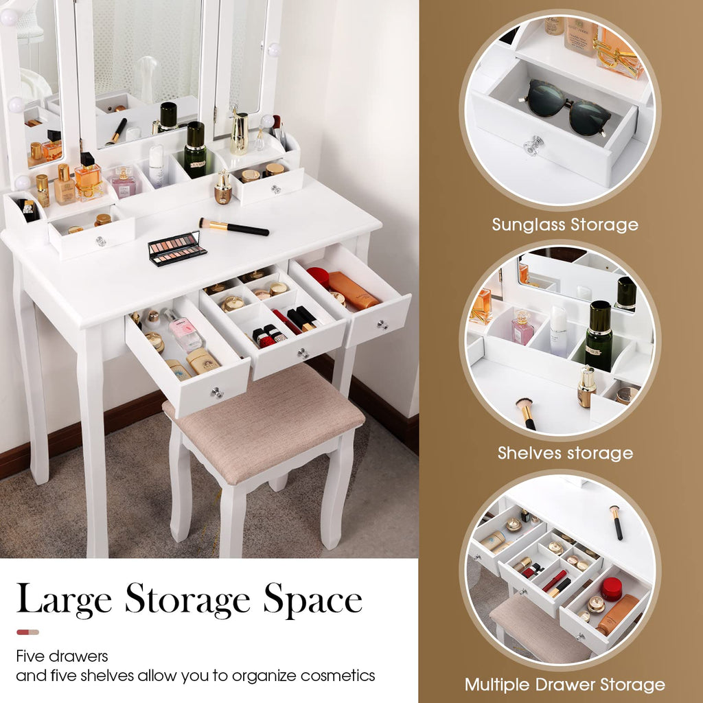 White Makeup Vanity Desk with Mirror and Chair P156