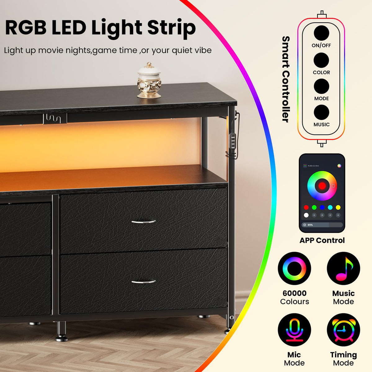 Black Dresser TV Stand with 6 Fabric Drawers Y412