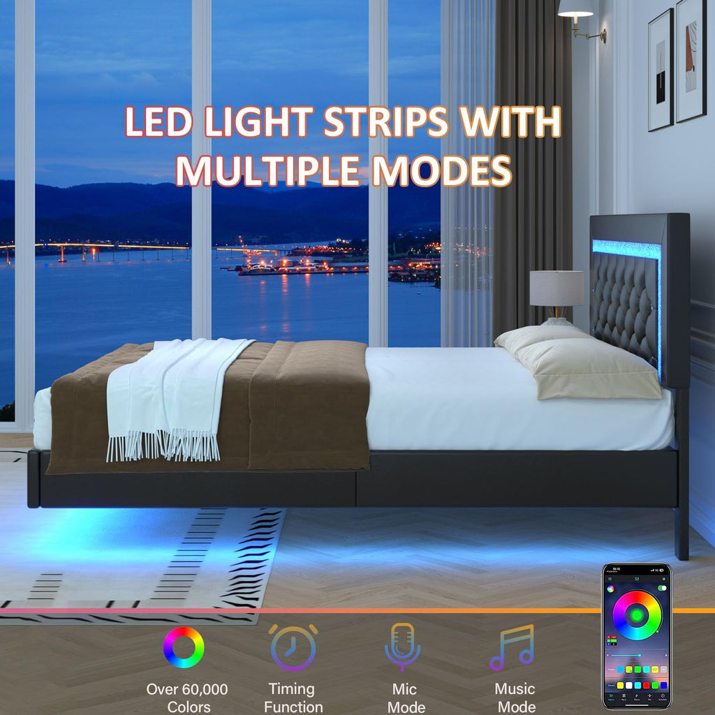 Black Full Floating Bed Frame with LED Lights and Tufted Headboard Z695395
