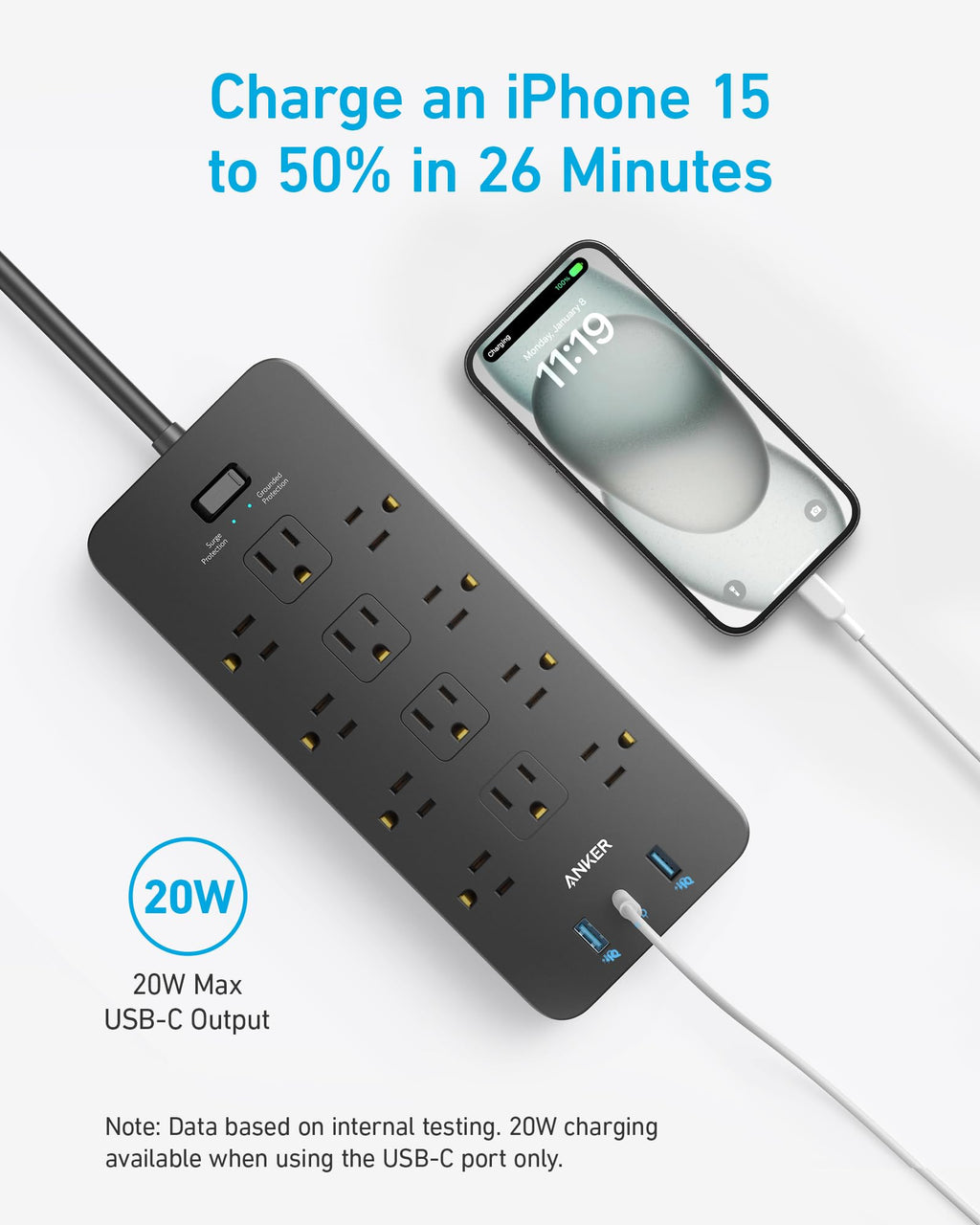Power Strip with Surge Protector, Outlet Extender, 20W, 12 AC G69346