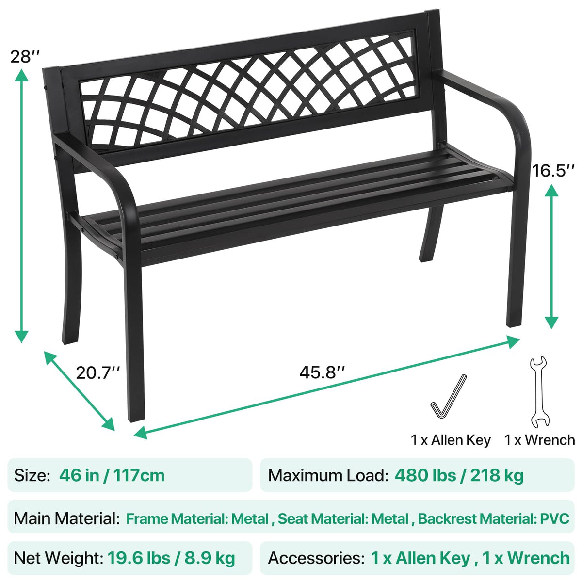 Black Metal Outdoor Bench with Armrests X306013