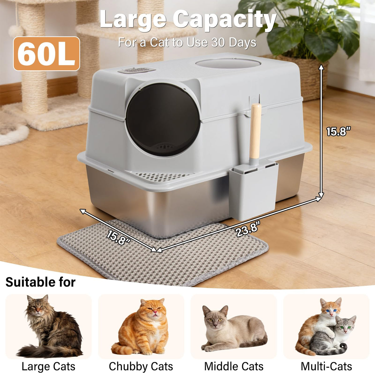 XL Stainless Steel Enclosed Cat Litter Box with Lid O623602