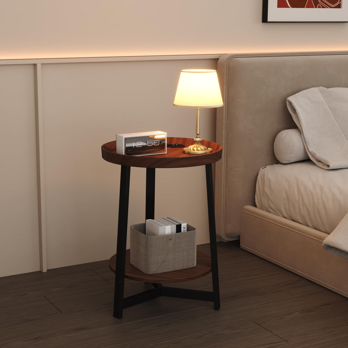 Round Industrial Side Table with Charging Station, 2-Tier Metal Frame W433