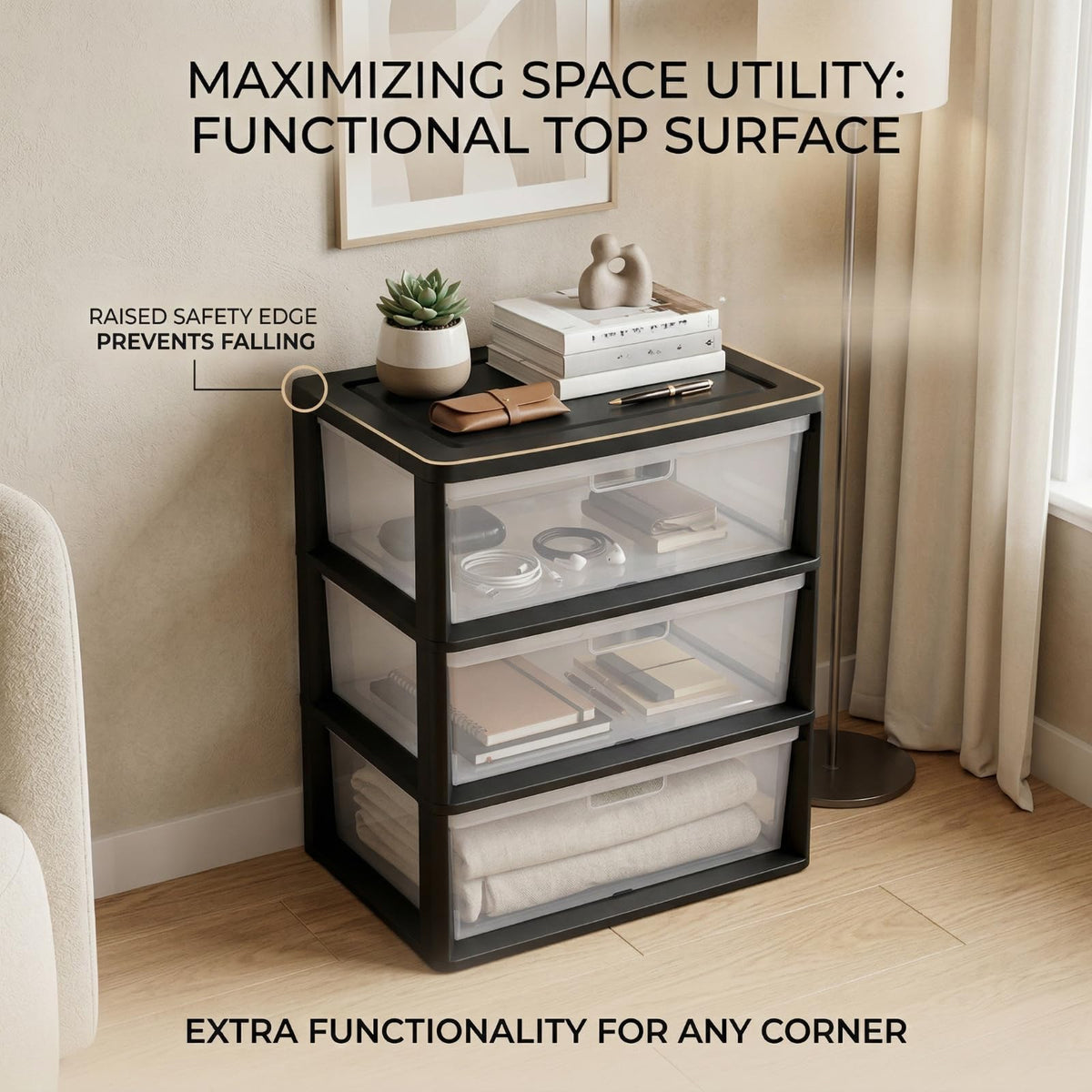 Black 3 Drawer Storage Organizer Tower with Clear Plastic Bins L544