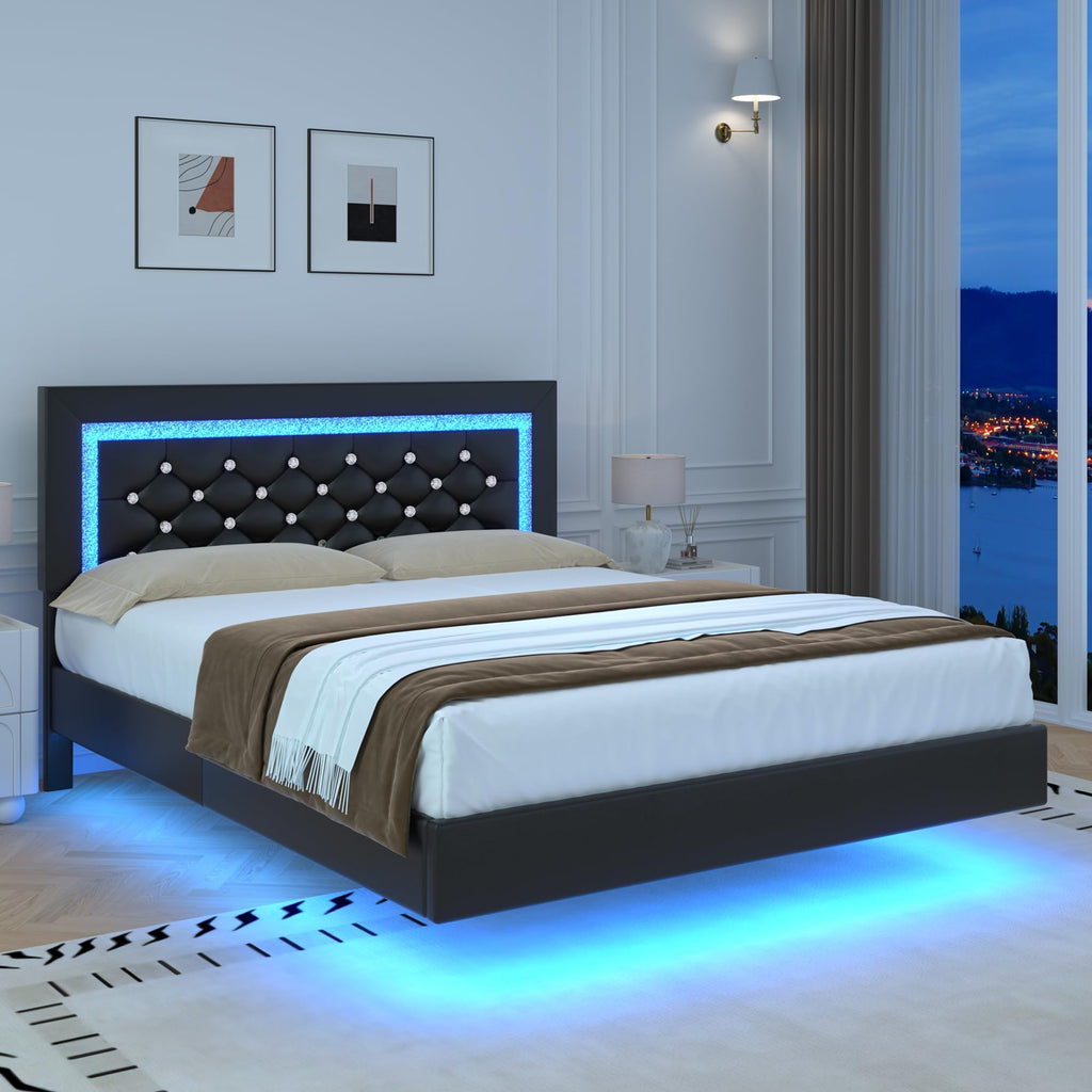 Black Full Floating Bed Frame with LED Lights and Tufted Headboard Z695395