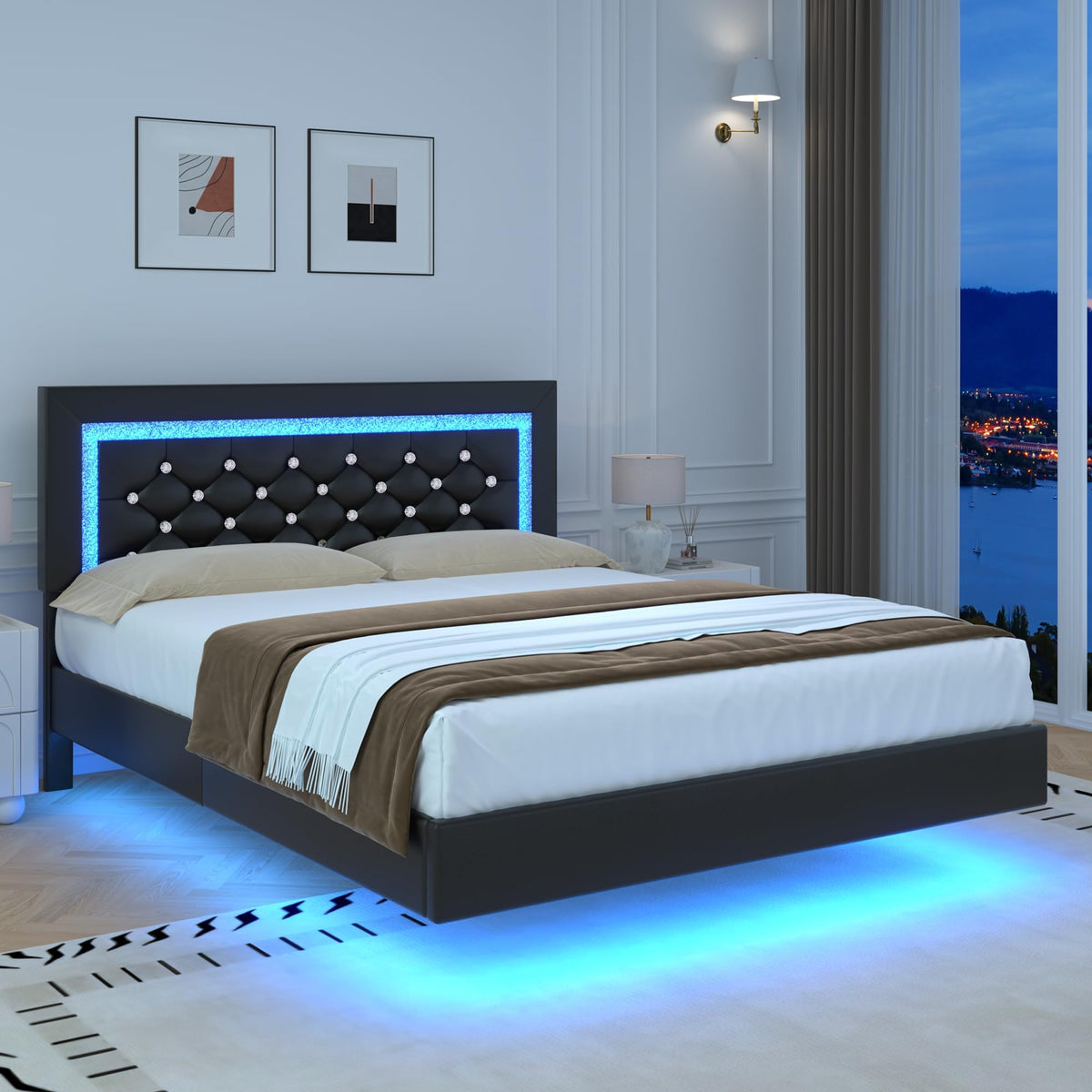Black Full Floating Bed Frame with LED Lights and Tufted Headboard Z695395
