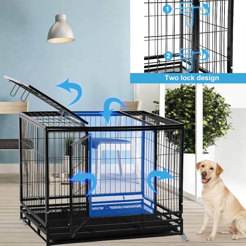 48" Heavy Duty Metal Dog Crate with Lockable Wheels, Double Door & Tray, Black Q354