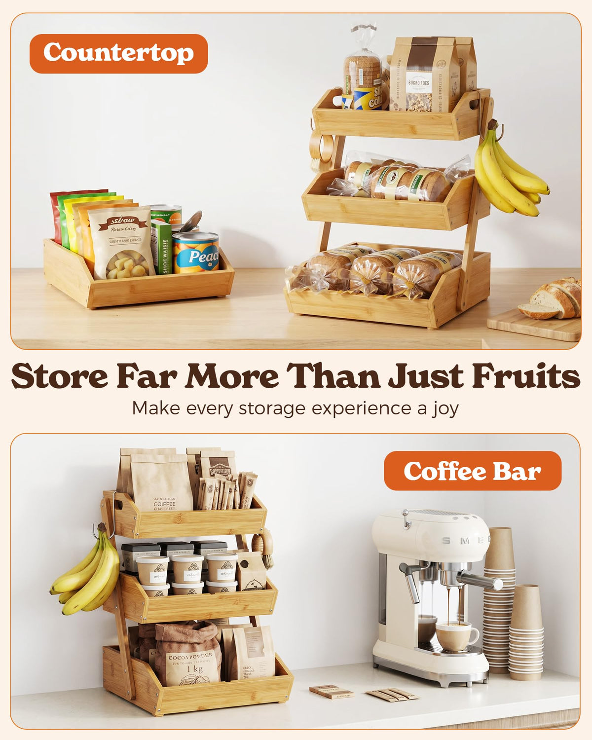 3-Tier Bamboo Fruit Basket with 2 Banana Holders W7349