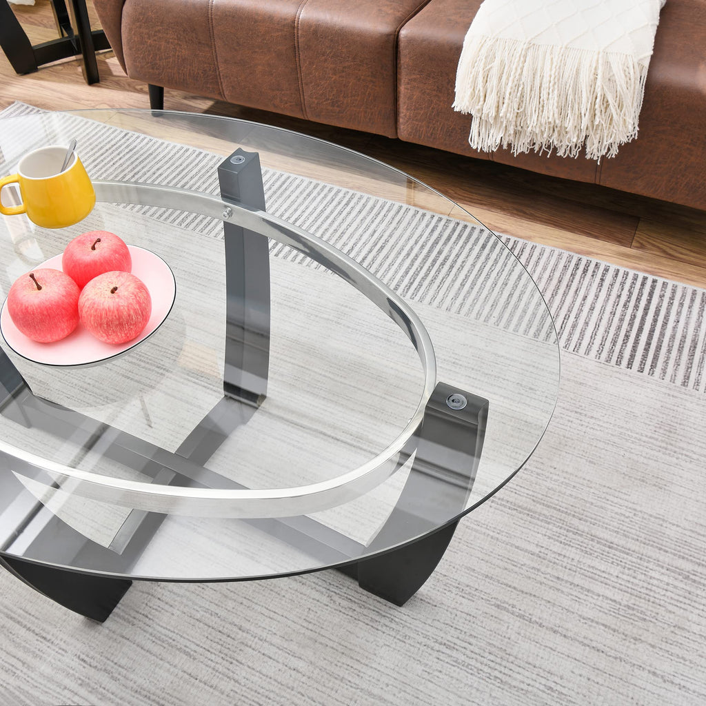 Glass Coffee Table with Solid Wood Base, 43.3''L x 29.5''W x 20.1''H Q671