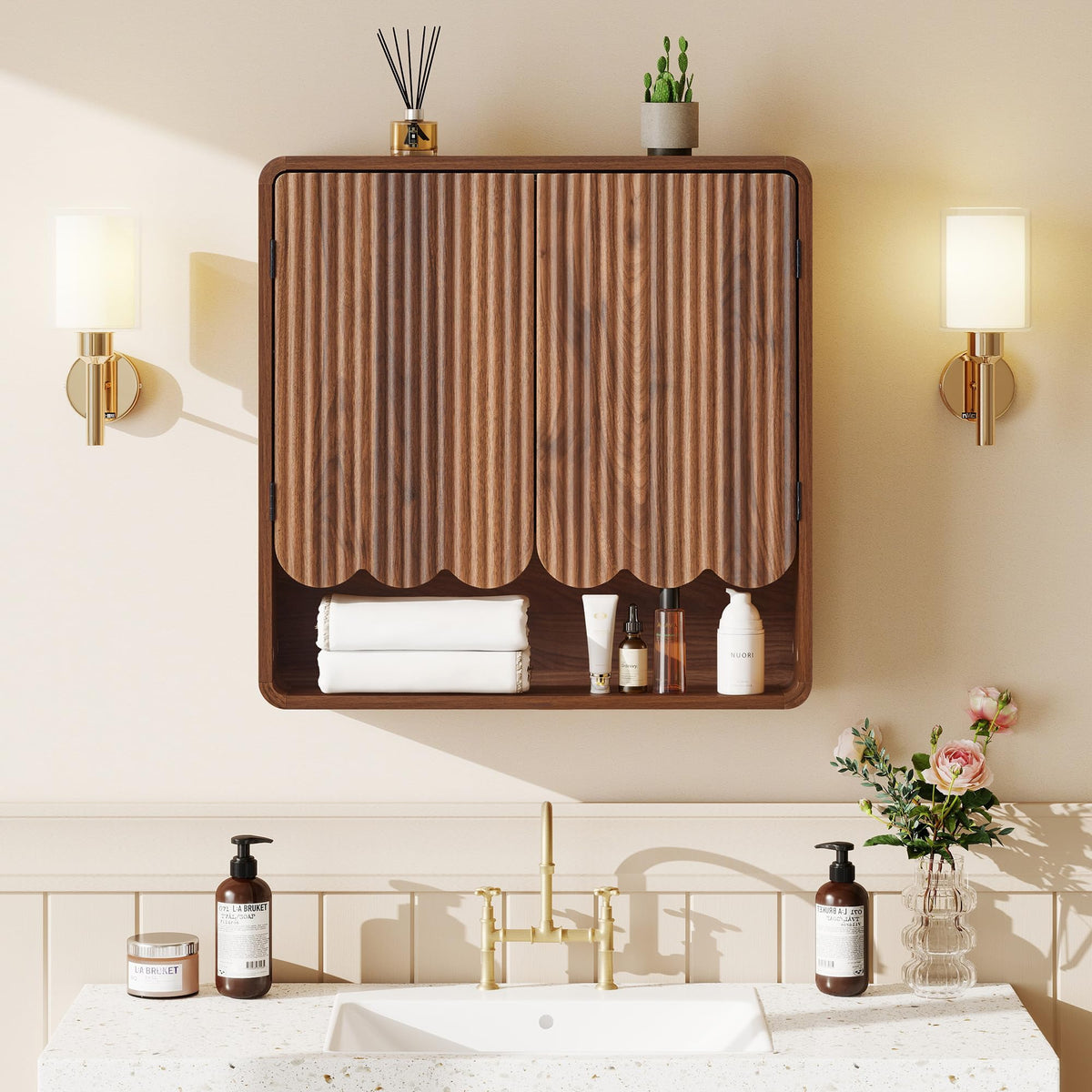 Walnut Fluted Bathroom Wall Cabinet N703