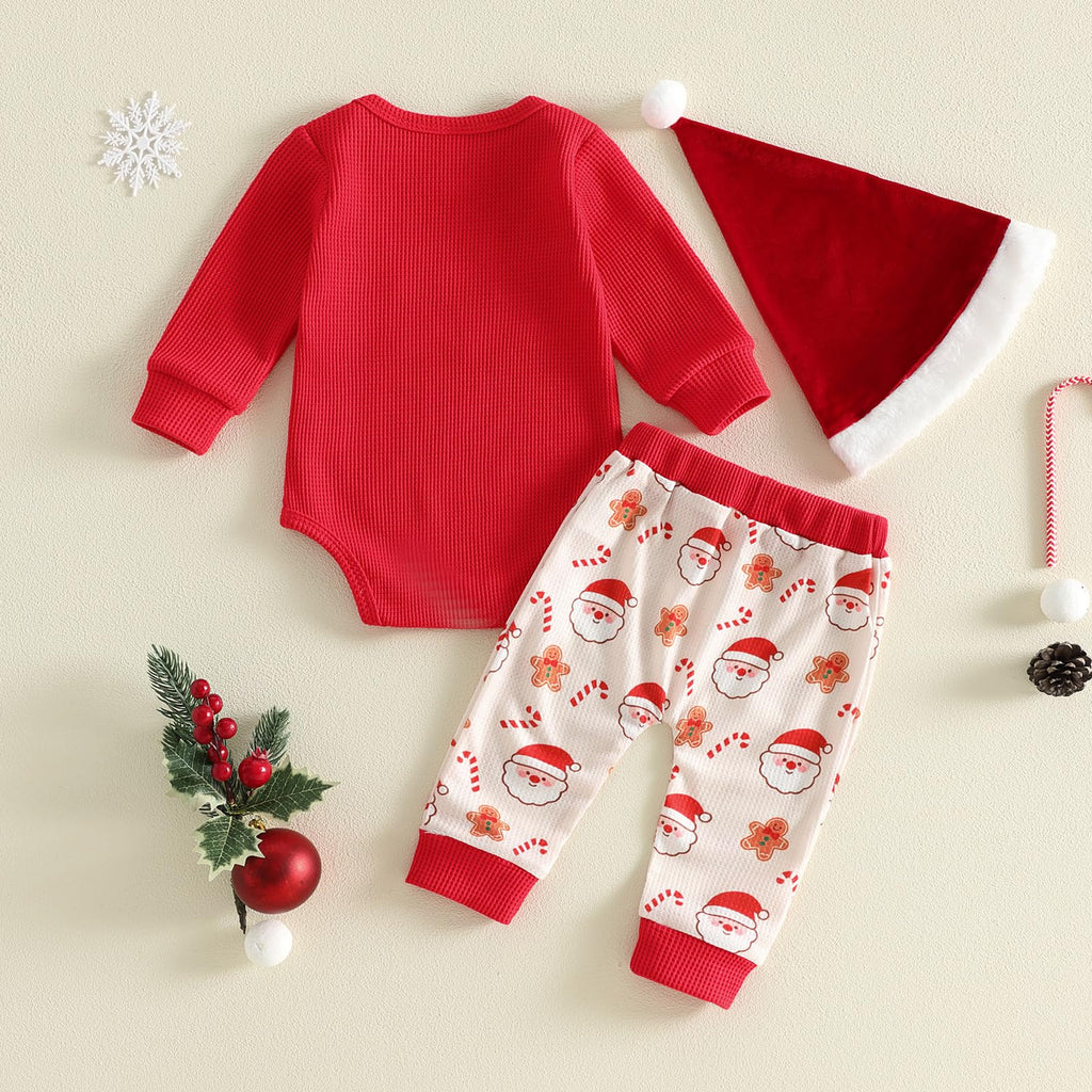 Newborn Baby Boy 3 Piece Waffle Long Sleeve Romper Pants Hat Set C154166