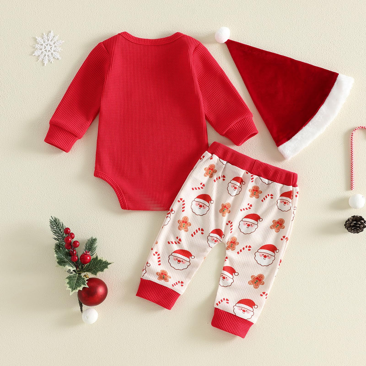 Newborn Baby Boy 3 Piece Waffle Long Sleeve Romper Pants Hat Set C154166