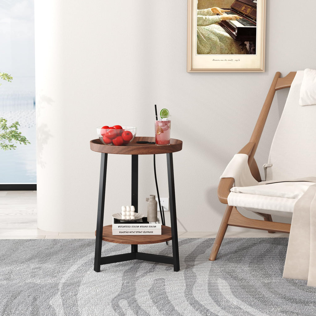 Round Industrial Side Table with Charging Station, 2-Tier Metal Frame W433